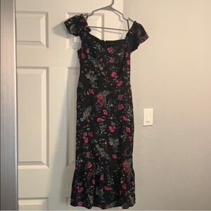 Black floral off the shoulder midi length dress by Vici
